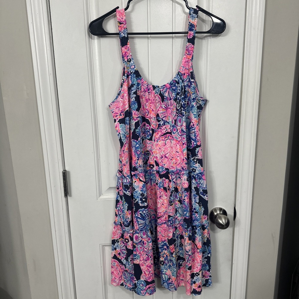 Lilly Pulitzer Loro Swing Dress Womens Sz M Blue High Tide Floral Pink Tiered - Picture 2 of 9